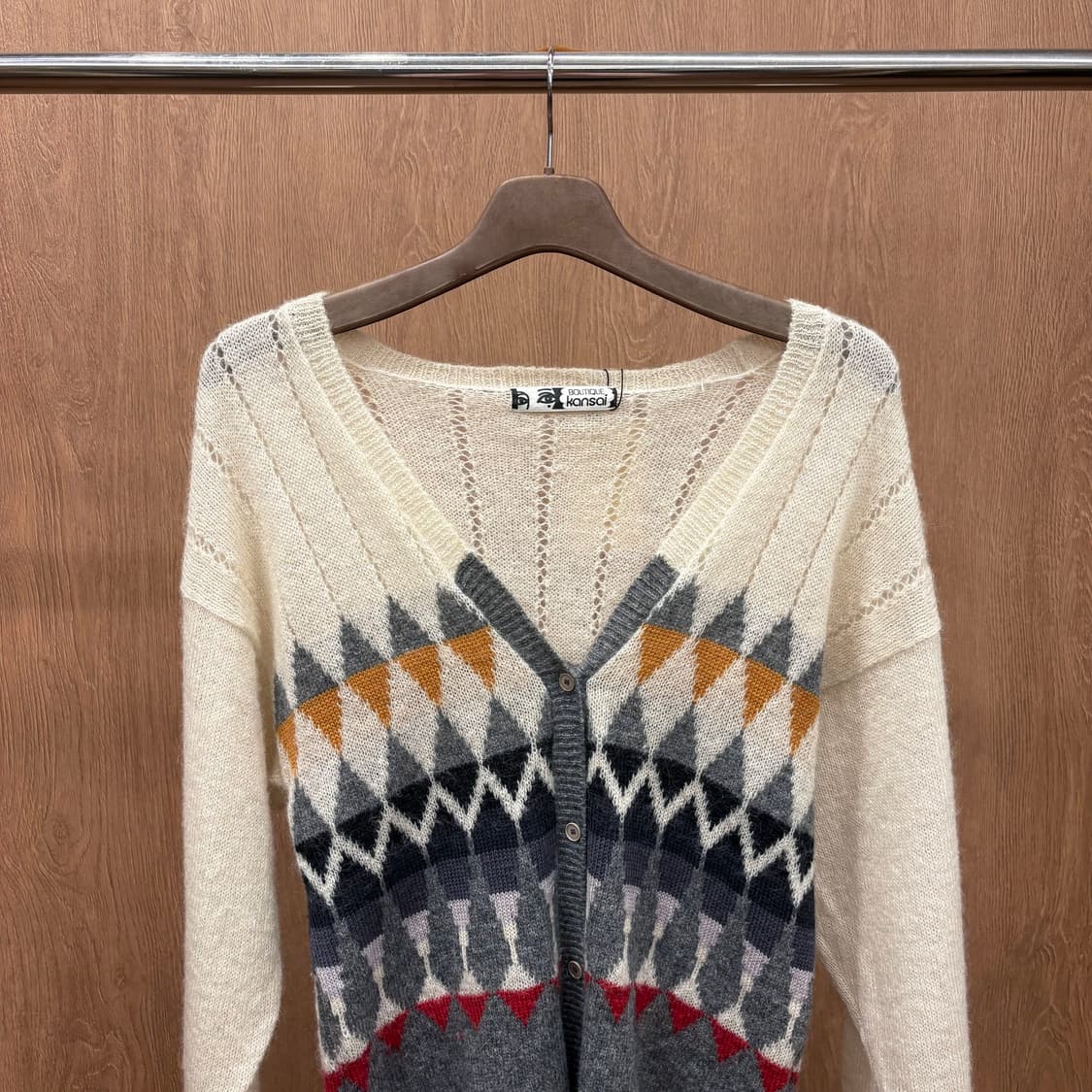 JPN 브이넥 긴팔 니트 가디건 기하학 패턴 버튼 디테일 아이보리 그레이 상품이미지4