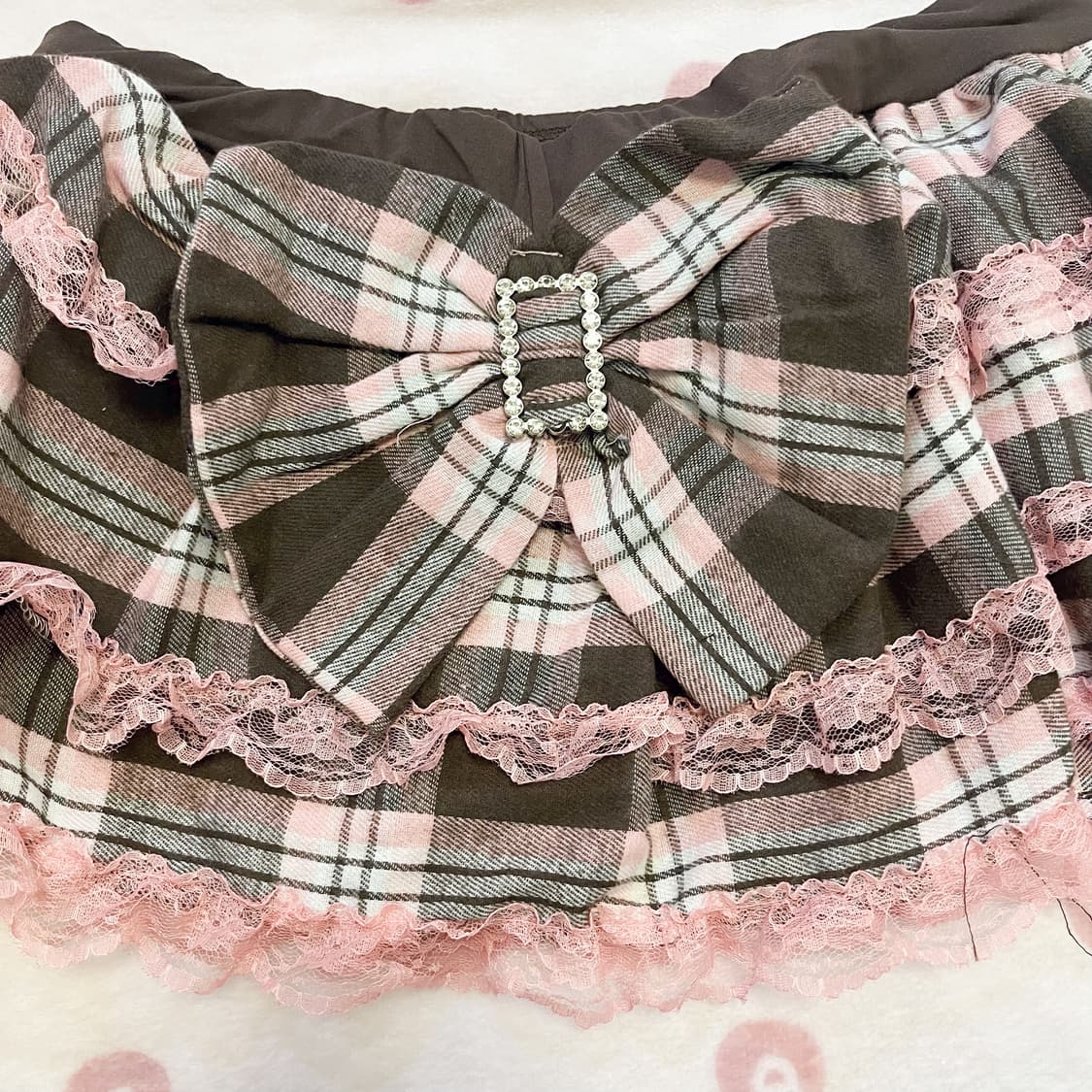 갸루 딸기 초코 리본 큐빅 레이스 체크 스커트 상품이미지2