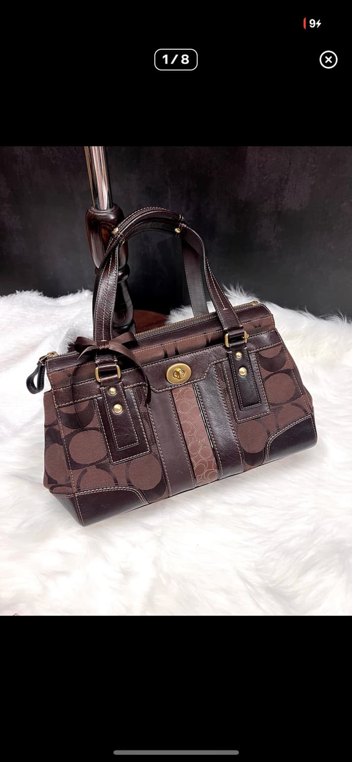 90s coach 시그니처 햄튼 브라운 캔버스 턴락 토트백 숄더백 상품이미지1