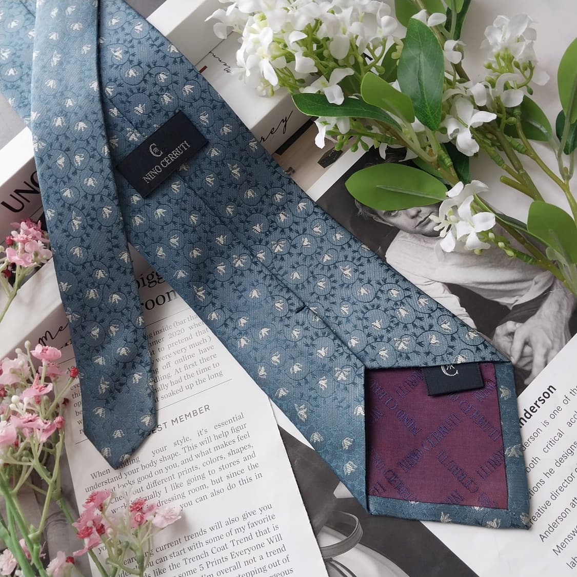 니노 세루티 실크 블루 플라워 패턴 넥타이 9.6cm A+등급 K2495 상품이미지5