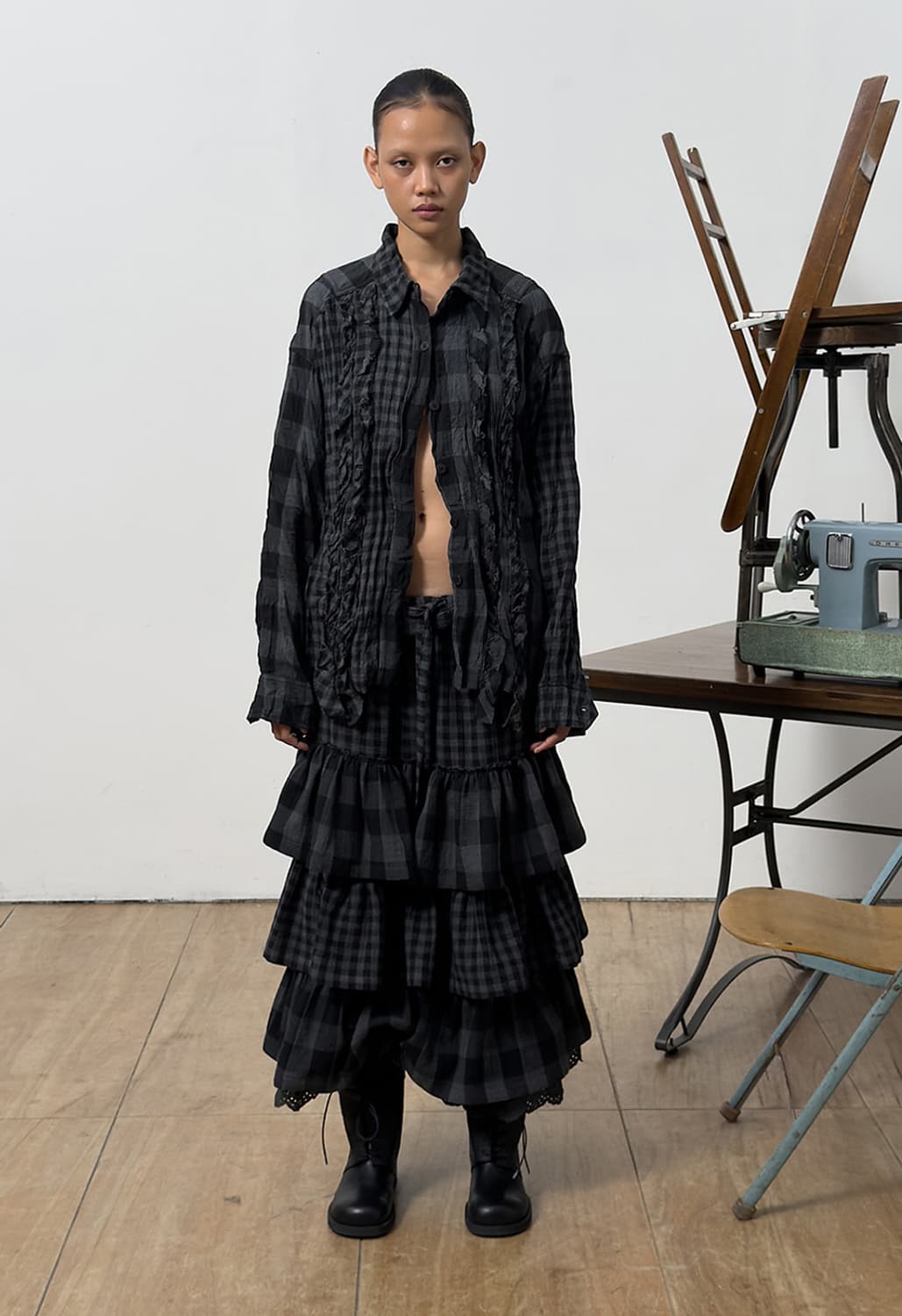 OPEN YY ROLLED WAIST TIERED SKIRT 상품이미지2