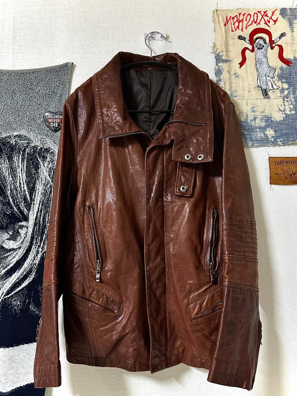 하이넥 더블 플랩 기믹 쉽스킨 레더자켓 상품이미지4