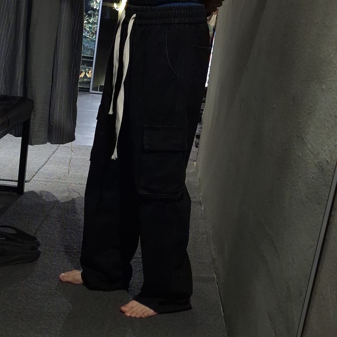 빈티지 피그먼트 블랙 화이트 빅스트랩 스트릿 밴딩 데님 카고바지 카고팬츠 상품이미지2
