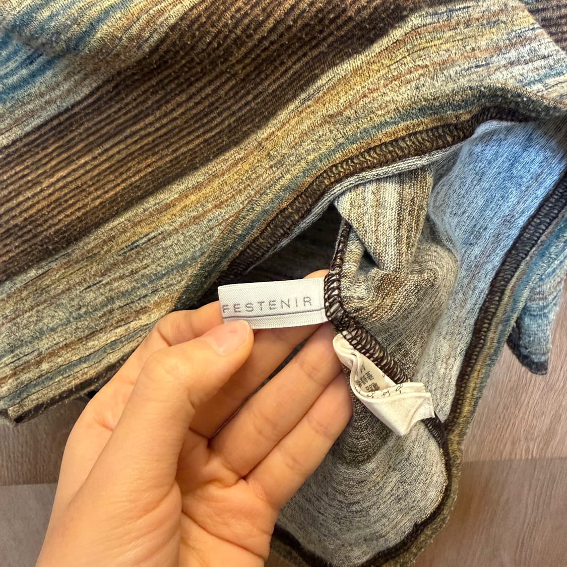 빈티지 코튼 7부 티셔츠 배색 스트라이프 패턴 라운드넥 디테일 브라운 상품이미지5