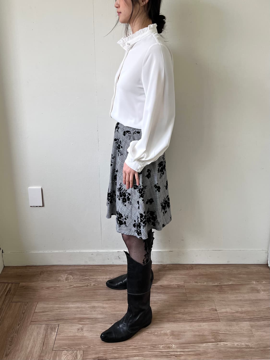 Japan vtg 체크 벨벳 플라워 스커트 상품이미지9