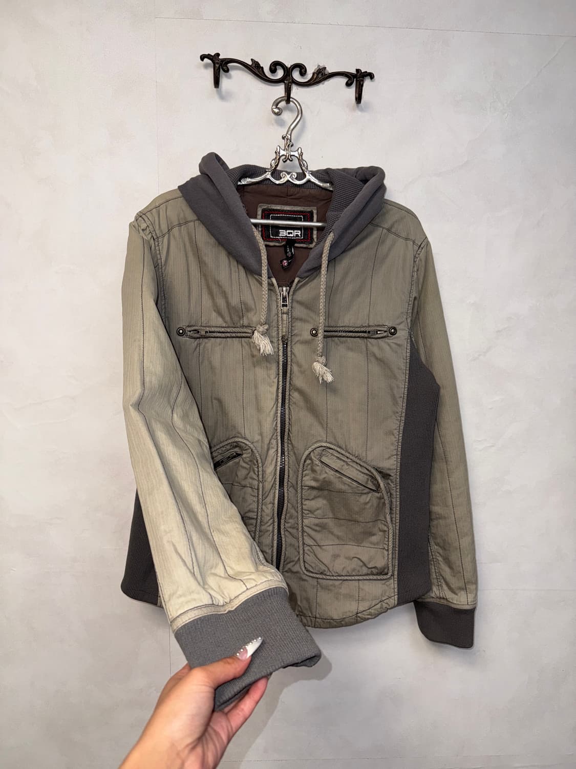 3QR ash khaki pocket knit hood zipup jk 상품이미지2