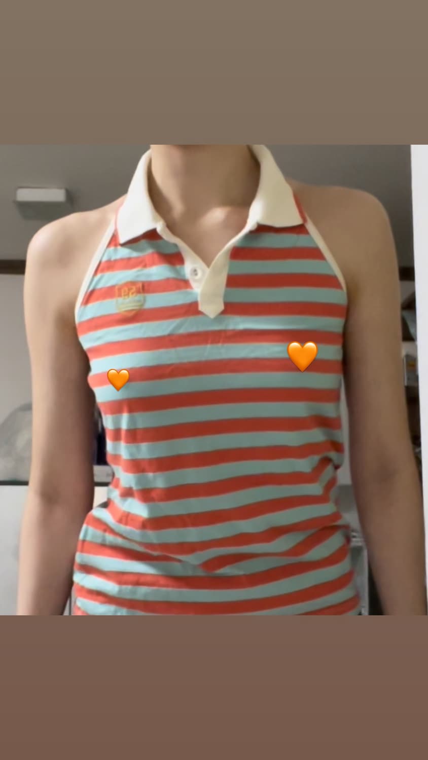 엘레쎄 홀터넥 카라 스트라이프 오렌지 골드글리터반짝이 나시 슬리브리스 상품이미지1