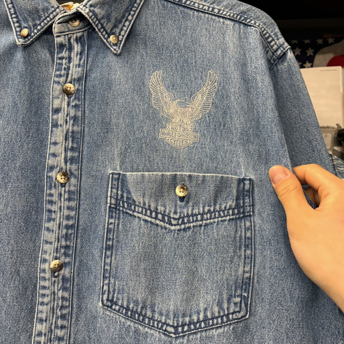 90s 할리데이비슨 백프린팅 이글스 버튼다운 데님셔츠 패치포켓 N719 상품이미지5