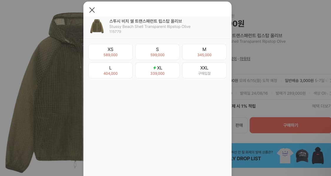 [XL] 스투시 비치 쉘 트랜스패런트 립스탑 올리브 상품이미지2