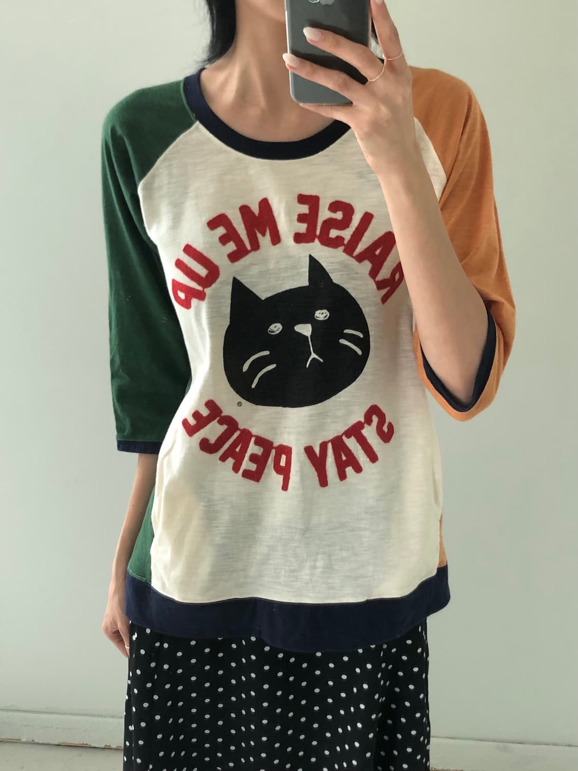 일본빈티지 고양이 자수 티셔츠 상품이미지2