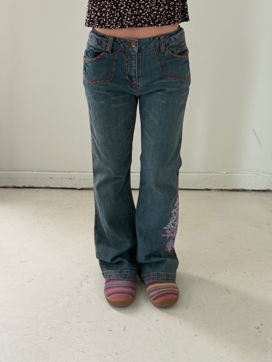 일본빈티지 페어리코어 자수 부츠컷데님 상품이미지2