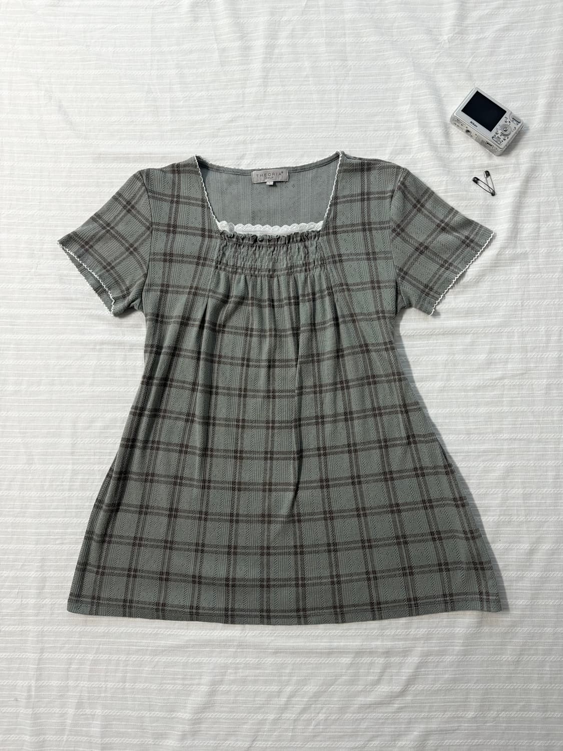레이스 넥 펀칭 체크 패턴 민트 브라운 블라우스 스커트 2pcs SET 상품이미지6
