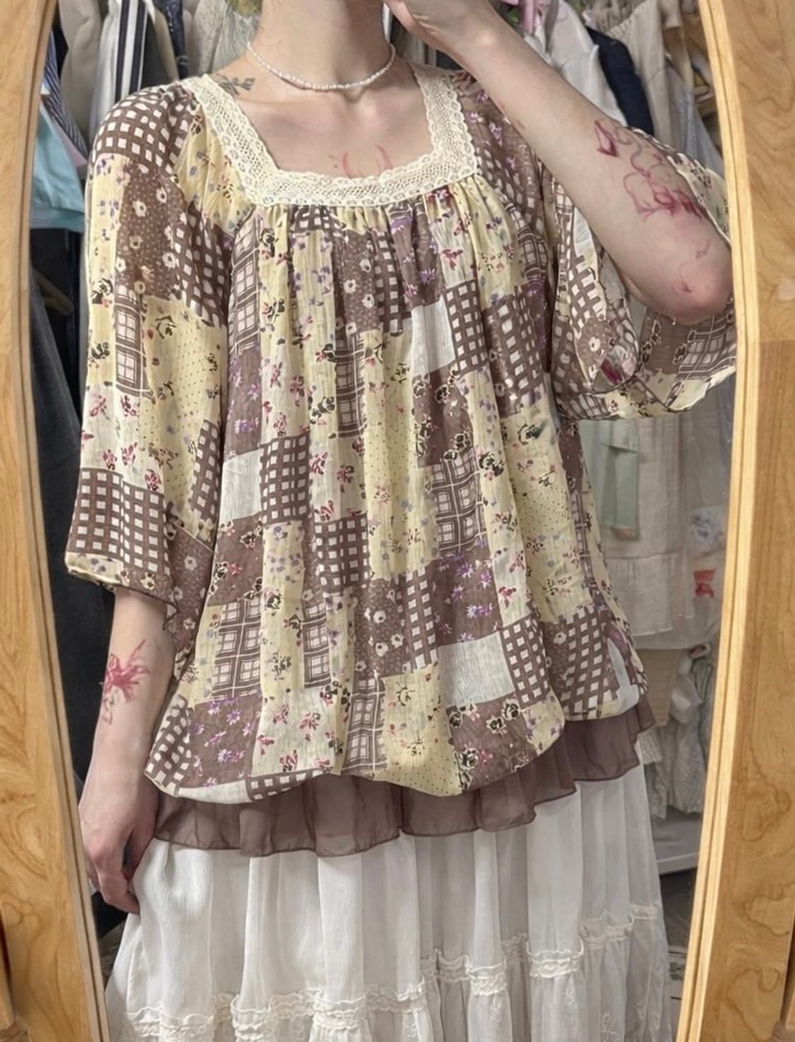 하구미 모리걸 브라운 패치워크 블라우스 원피스 상품이미지1