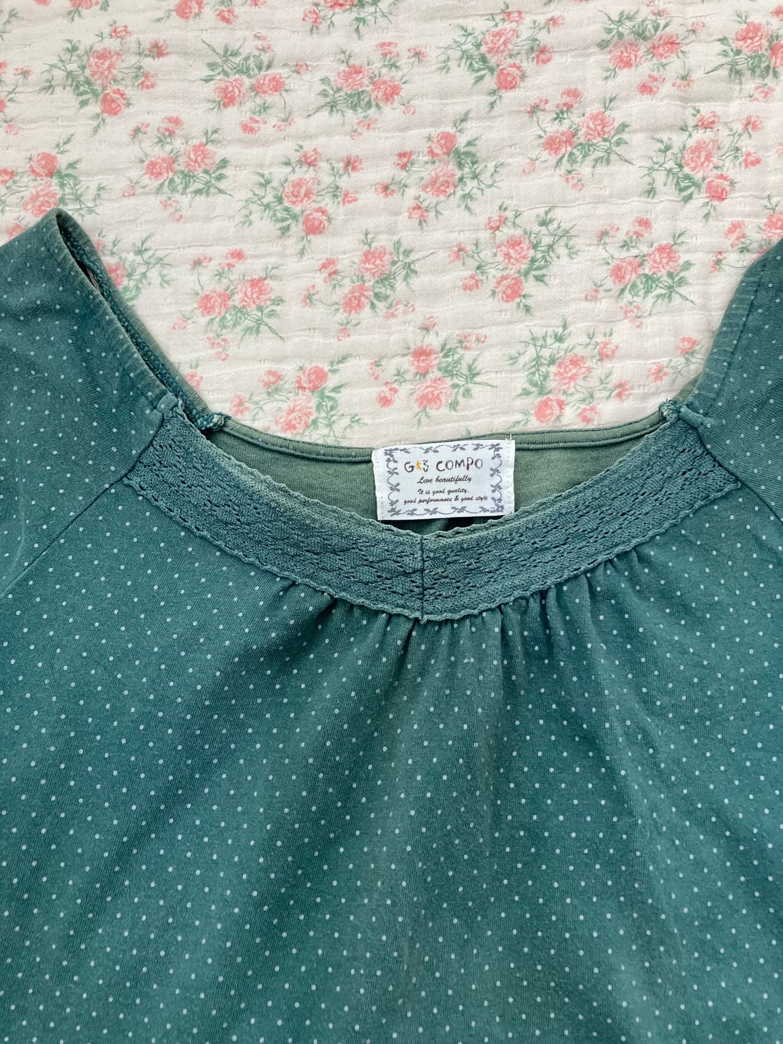 빈티지 청록 땡땡이 크로셰 퍼프 반팔 1118 모리걸 y2k 스트릿 갸루 상품이미지7