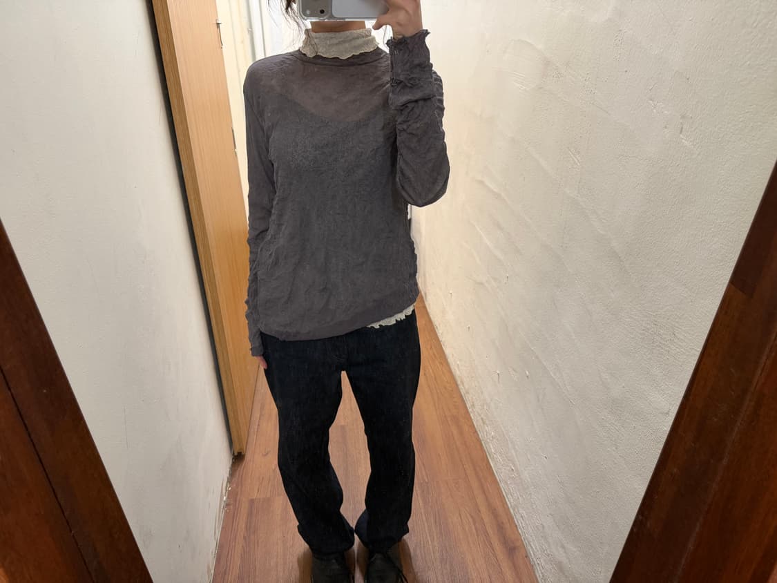 빈티지 하이넥 롱슬리브 티셔츠 레이어드 디테일 레귤러핏 차콜 상품이미지2