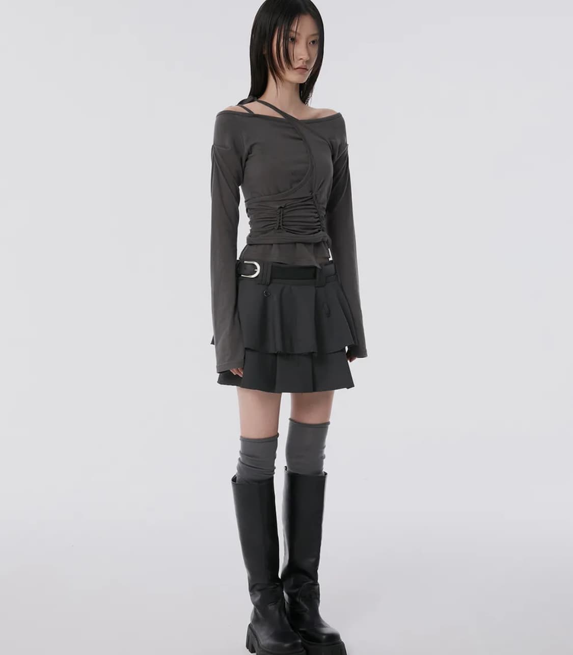 [새 제품] 플레어업 레이어드 플리츠 스커트 차콜 상품이미지1