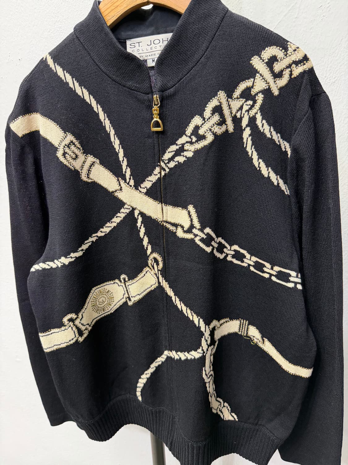 정품) St. John 센존 세인트존 블랙 체인 패턴 니트 집업 M 상품이미지3