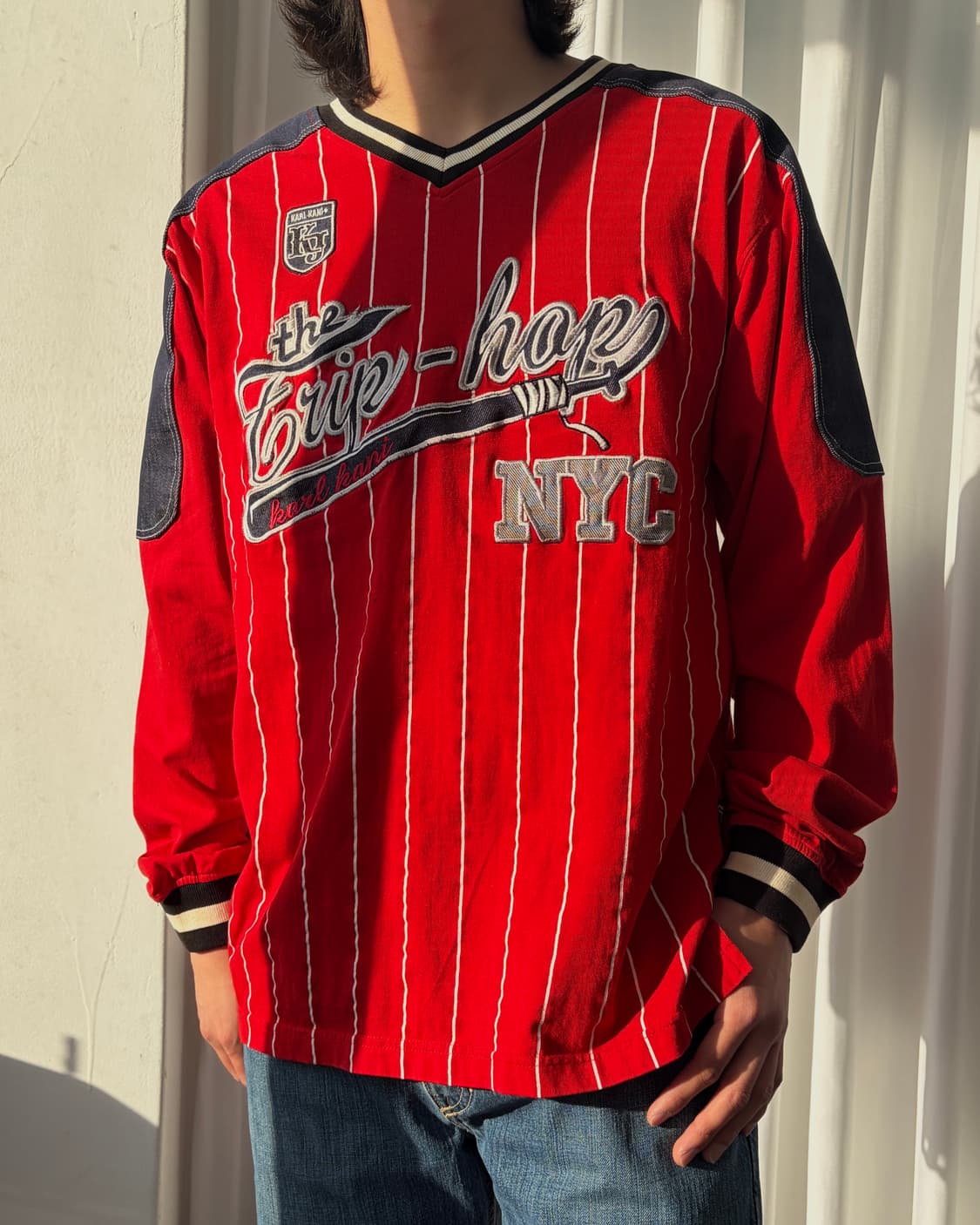 [XL]칼카니 올드스쿨 스트라이프 데님 숄더 패치 롱 슬리브  상품이미지1