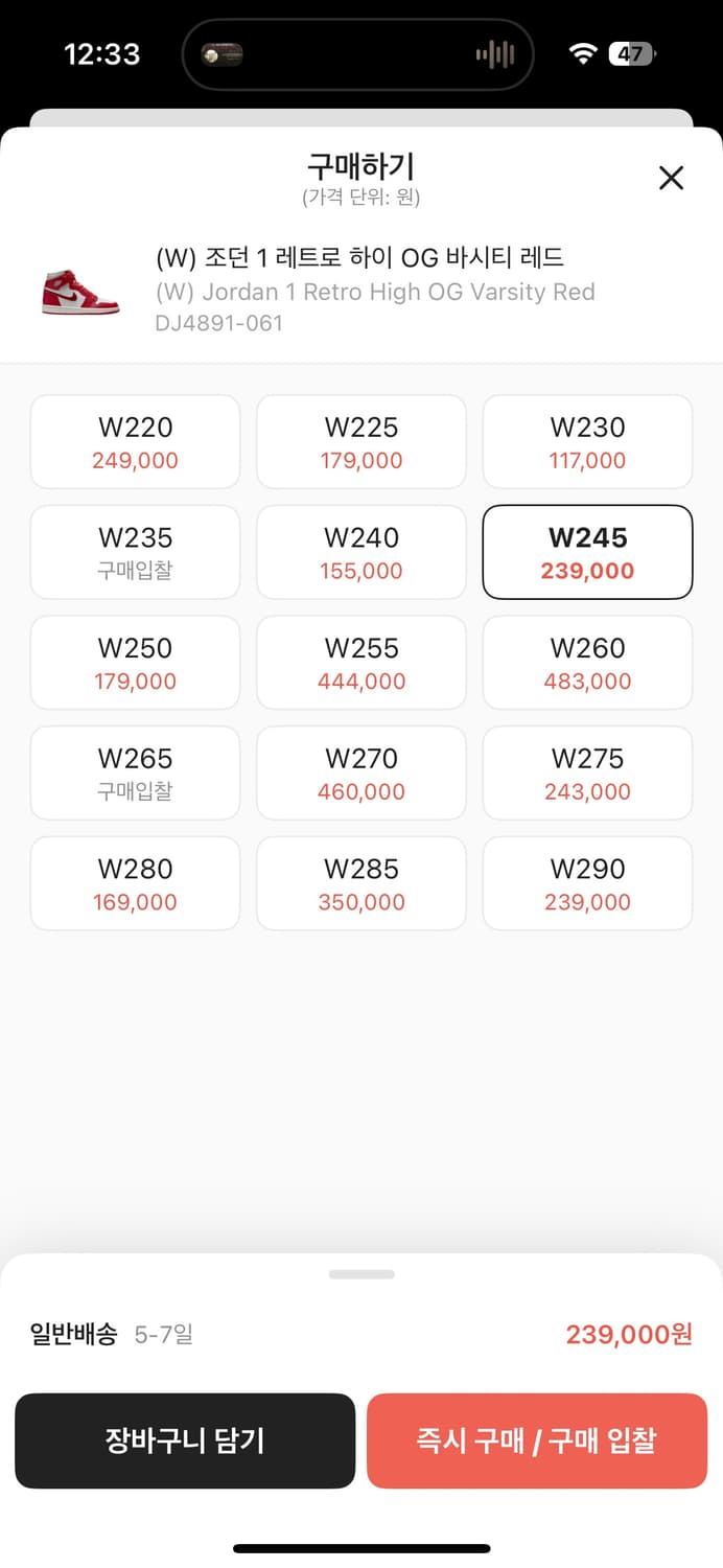 나이키 조던 1 레트로 하이 OG 바시티 레드 245 거의 새재품 상품이미지6