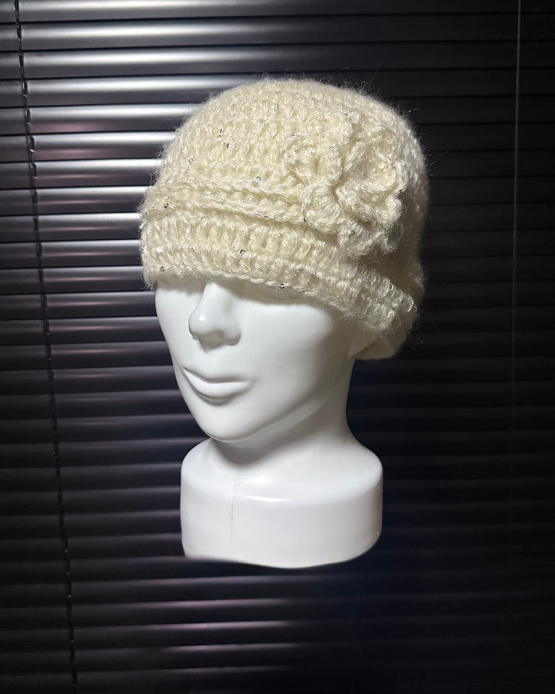 흰색 화이트 아이보리 실버 스팽글 플라워 꽃 뜨개질 비니 모자 빈티지 상품이미지1