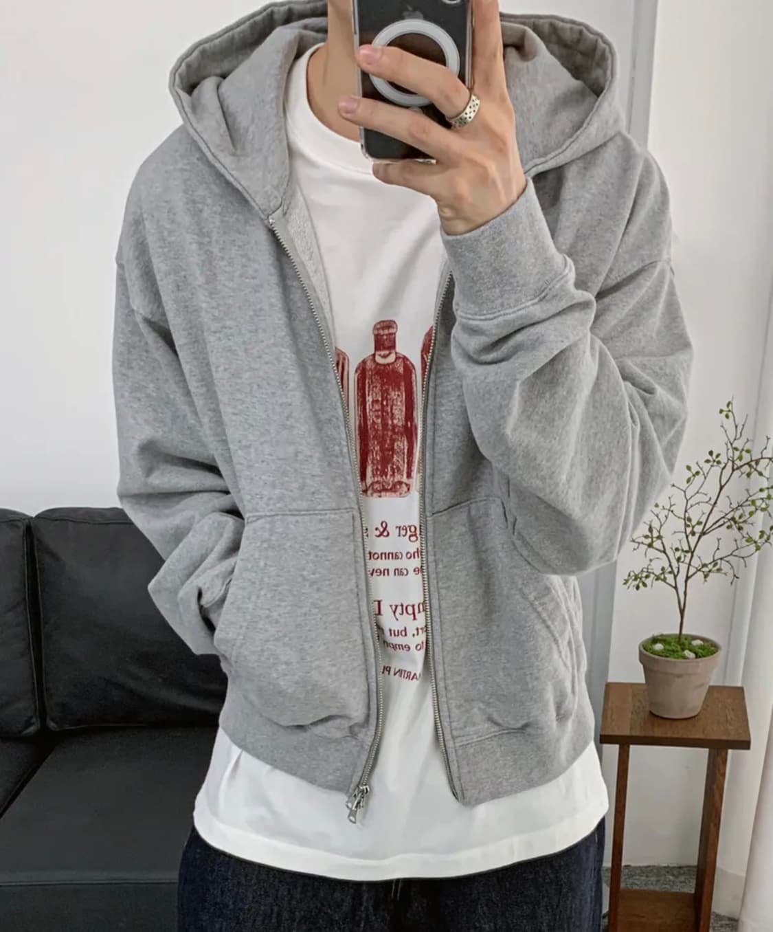 소버먼트 솔리드 크롭 후드 집업 멜란지그레이 상품이미지1