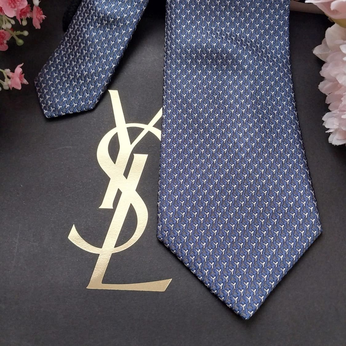 입생로랑 실크 블루 자카드 로고 넥타이 8.3cm S~A+등급 K1466 상품이미지4