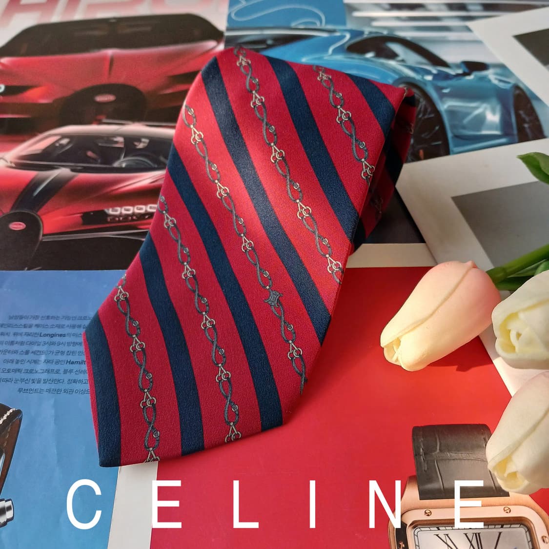 셀린느 실크 레드 스트라이프 체인 넥타이 8.5cm A등급 A19408
 상품이미지2