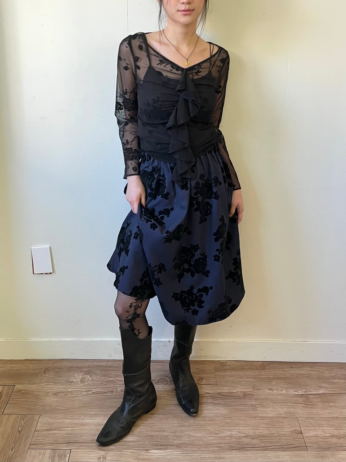 Japan vtg 벨벳 플라워 스커트 상품이미지4