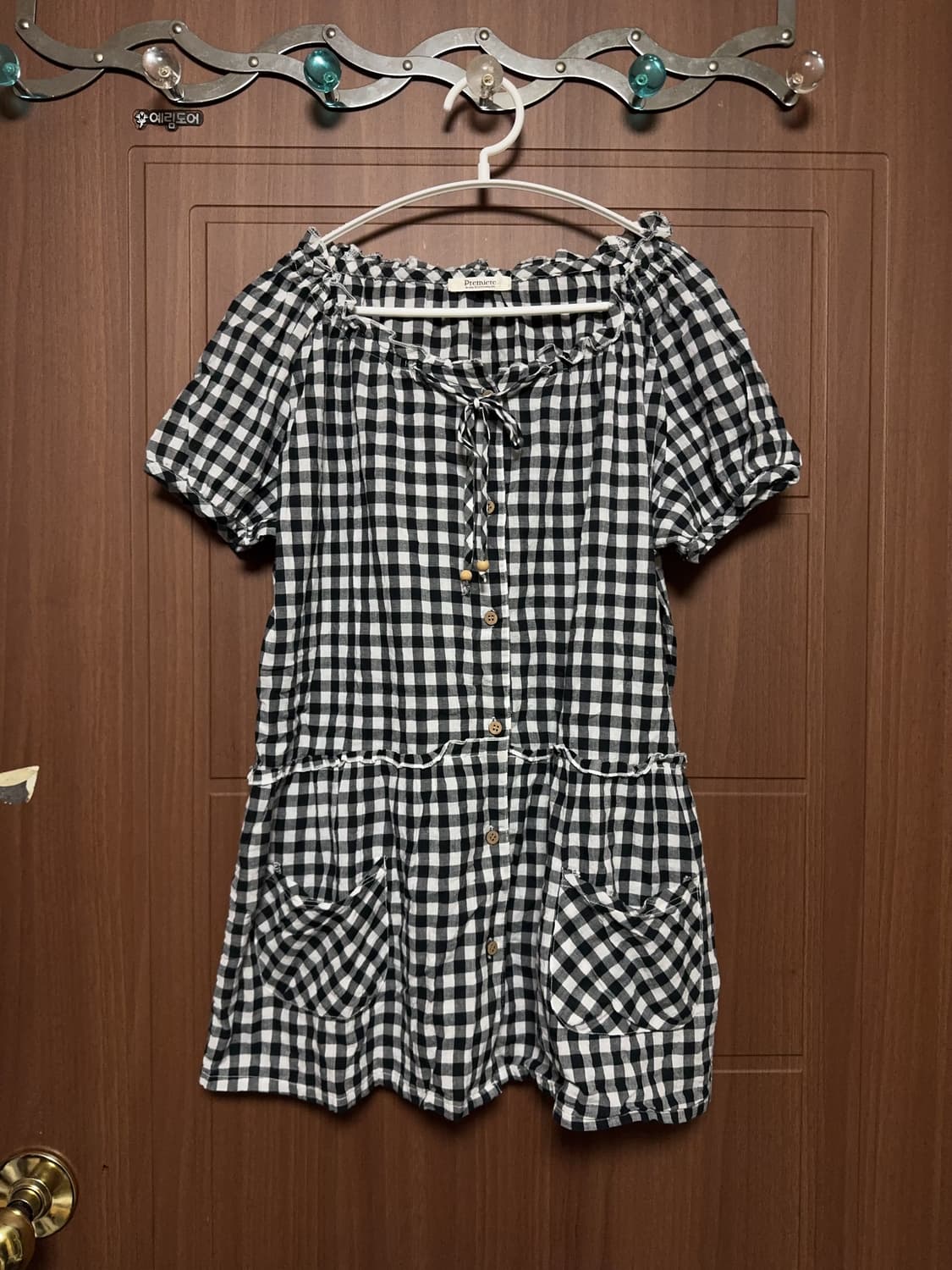 모리걸 하구미 일본 빈티지 깅엄체크 반팔 우드단추 포켓 원피스 상품이미지1