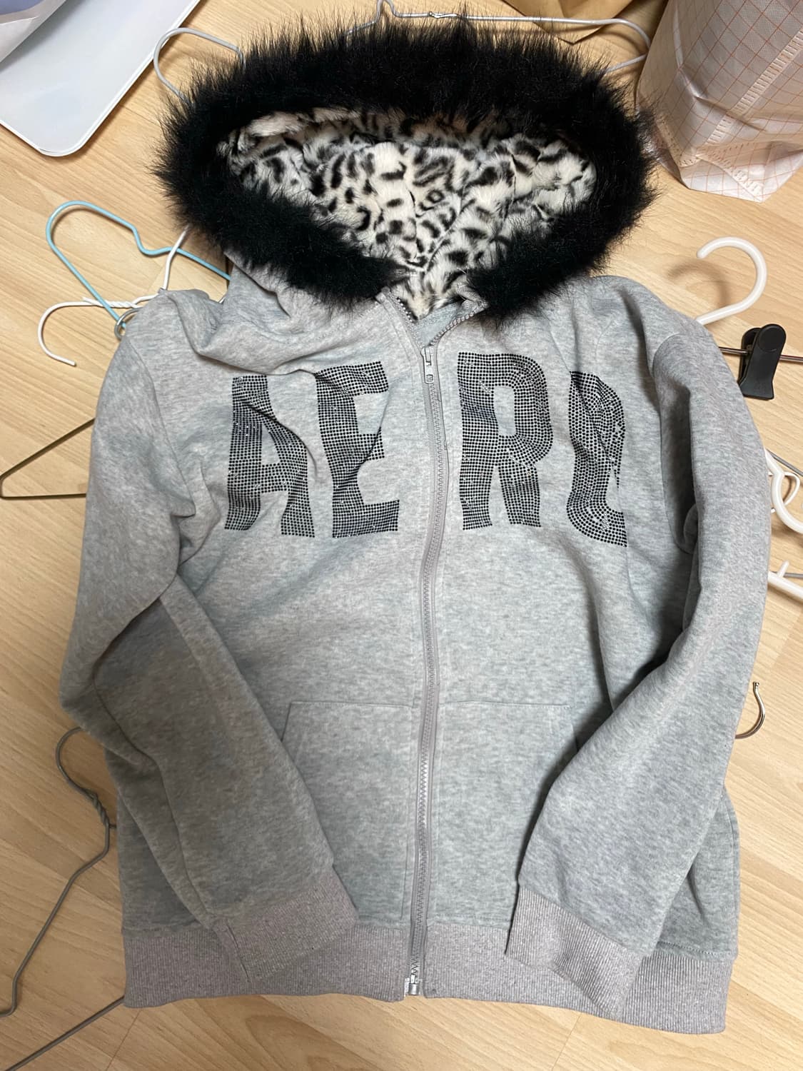 갸루 레오파트 퍼 후드집업 상품이미지1