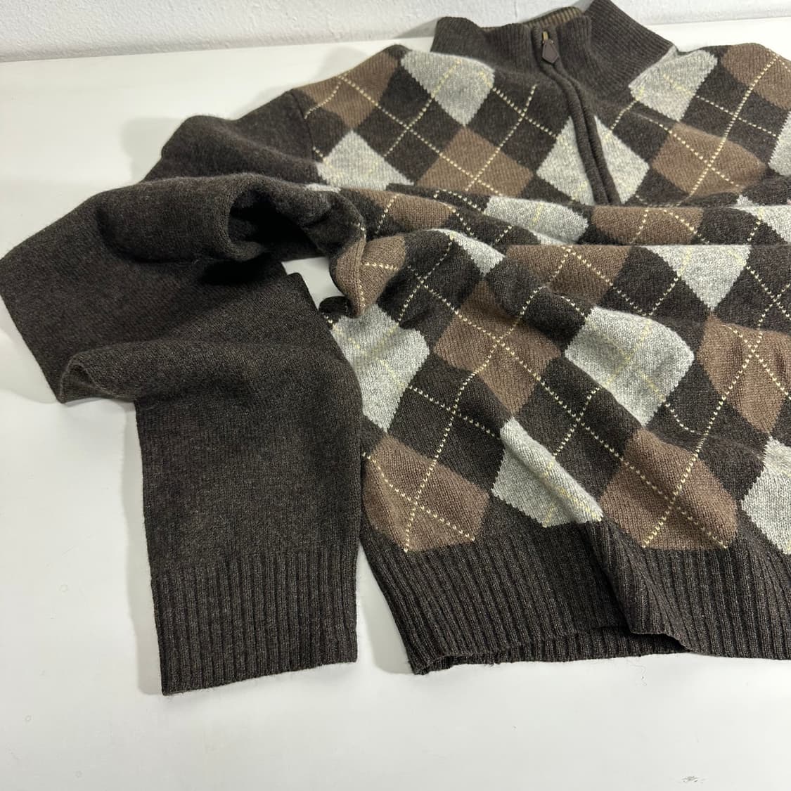 M 100 브룩스브라더스 브라운 램스울 아가일 반집업니트 상품이미지4