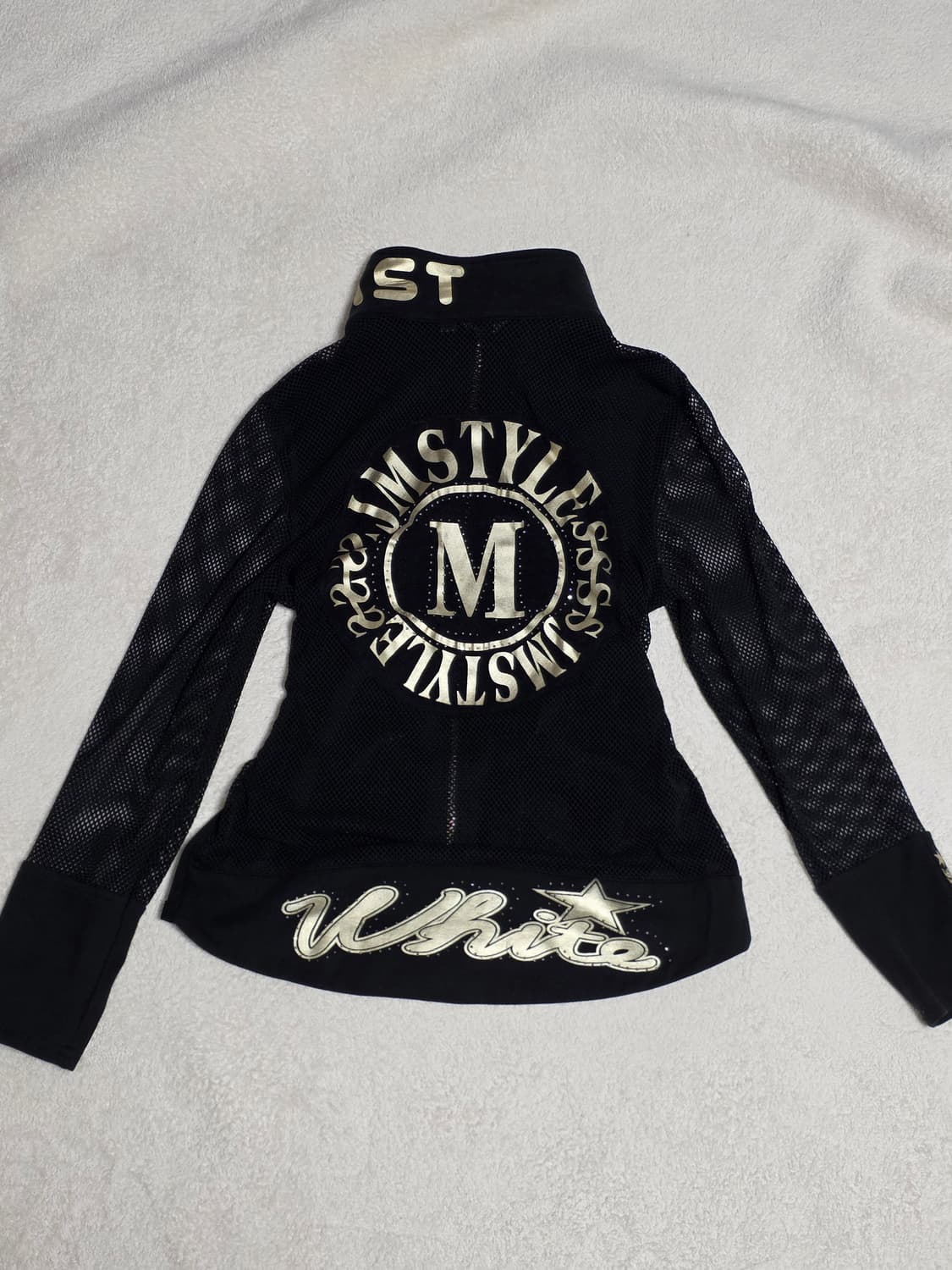 블랙 메쉬 소매 집업 자켓 펑크 시스루 고스 금장레터링 큐빅 상품이미지2