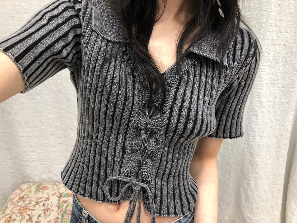 Ribbon tie crop knit top 상품이미지1