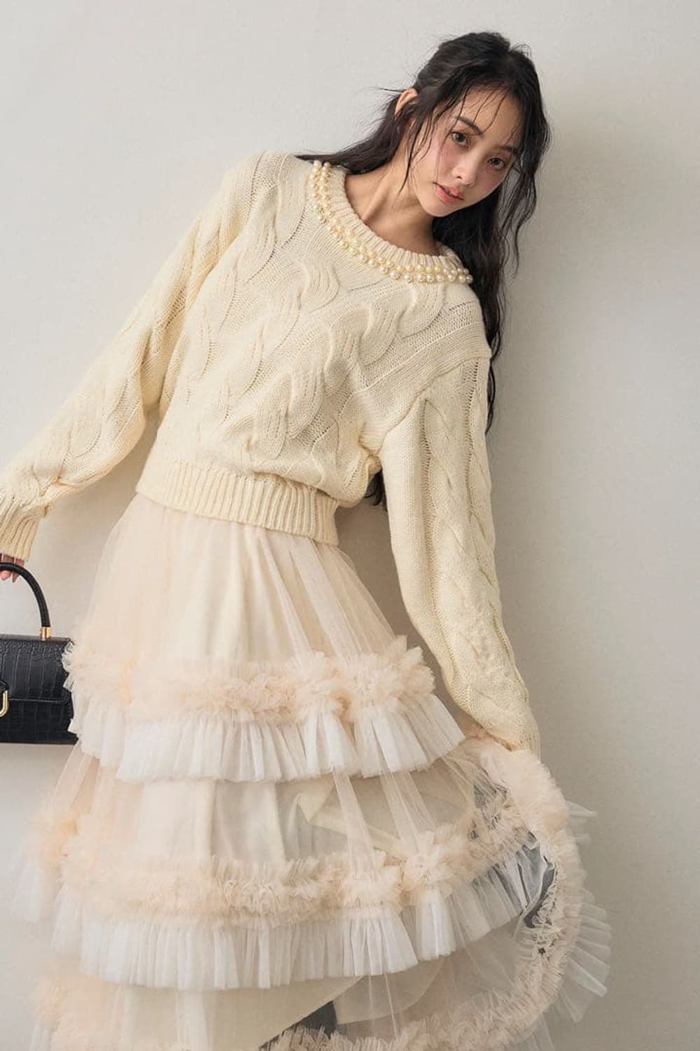 배색 프릴 티어드 밴딩 스커트 여성free 상품이미지3