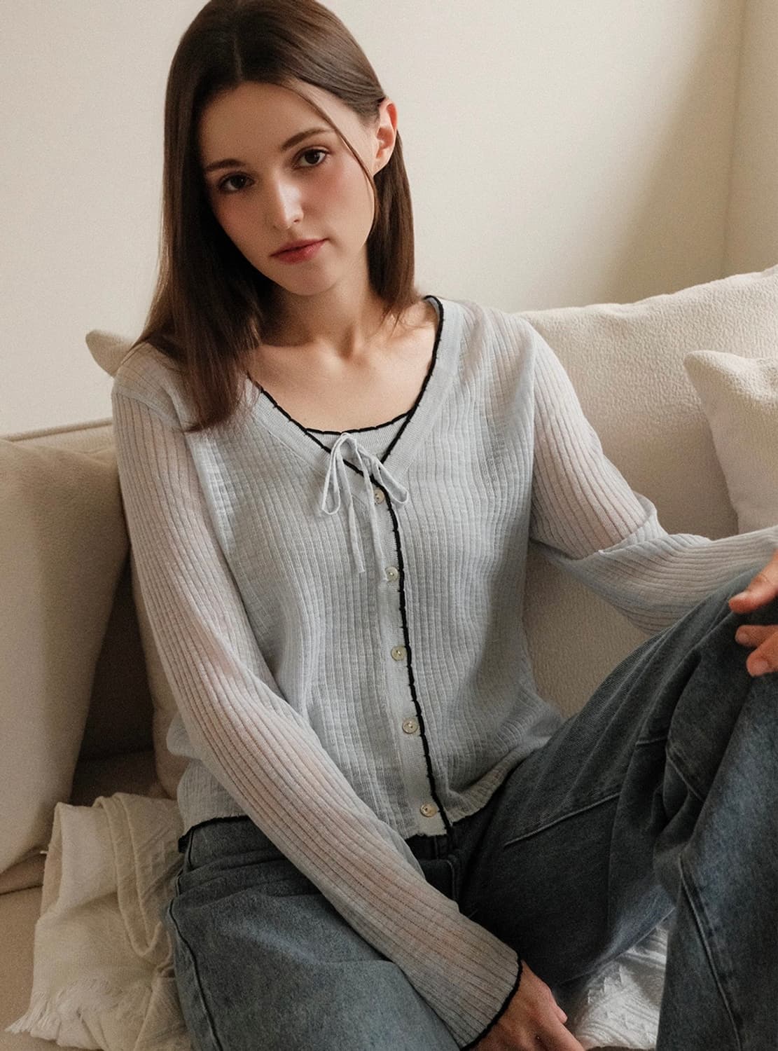 [가디건+나시set] 스트레치 신축성 배색 포인트 여름니트 나시 가디건  상품이미지3