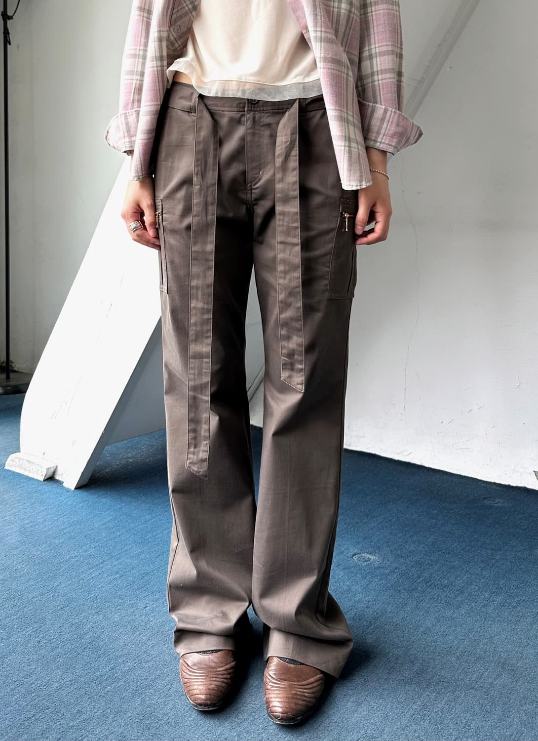 Cotton belted semi flare straight pants 상품이미지5