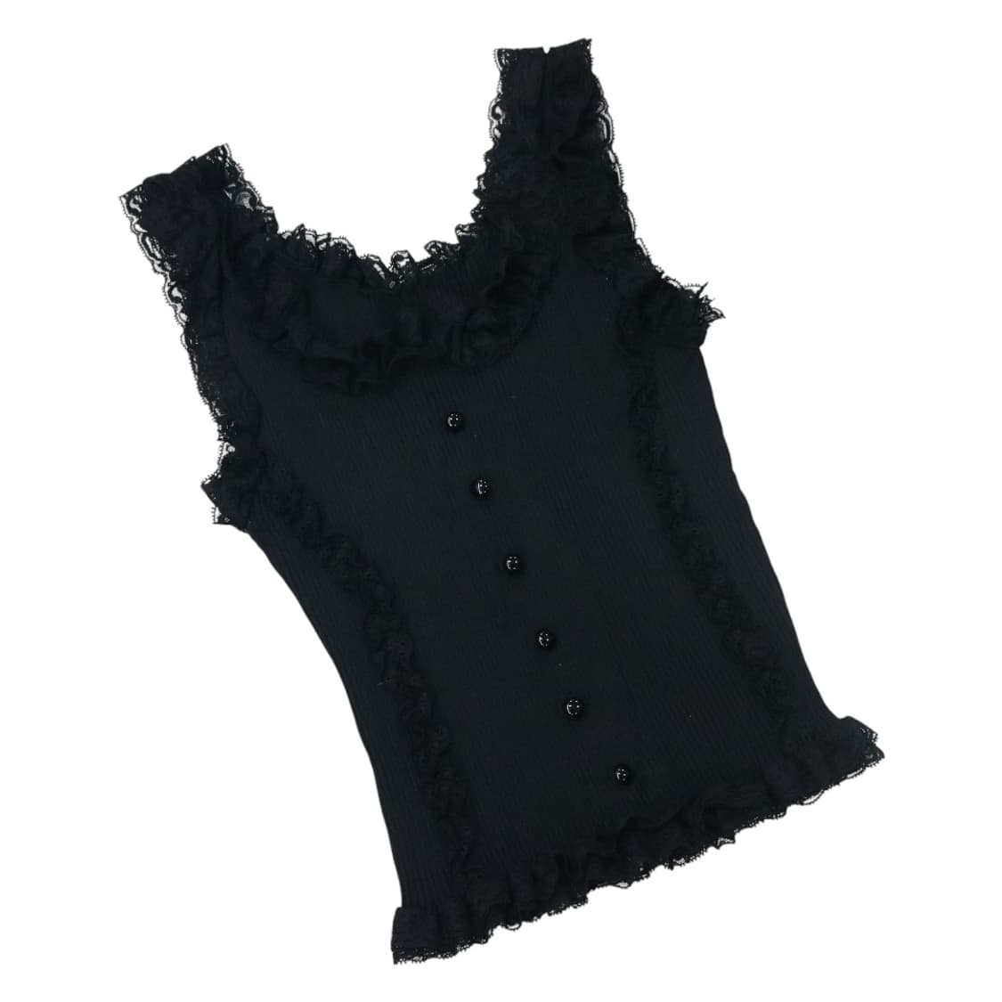 블랙 레이스 프릴 버튼 골지 슬리브리스 상품이미지1