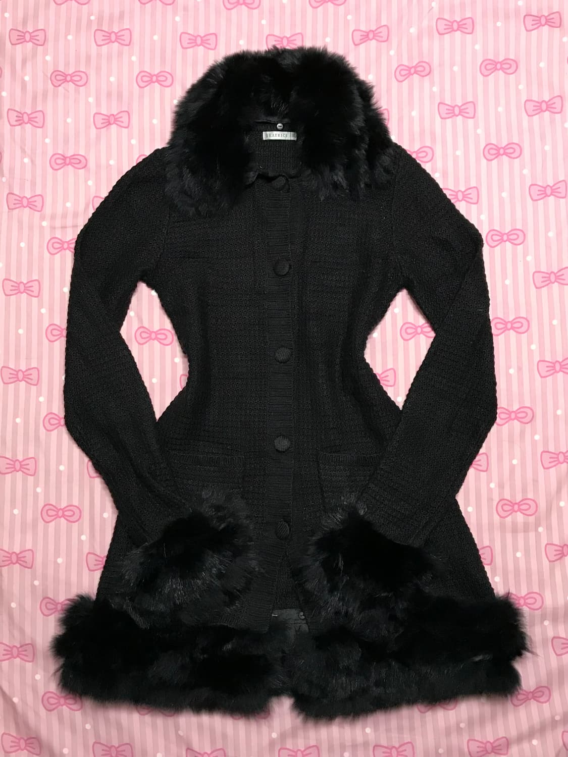 오네갸루 블랙 퍼 니트 롱 가디건  상품이미지1