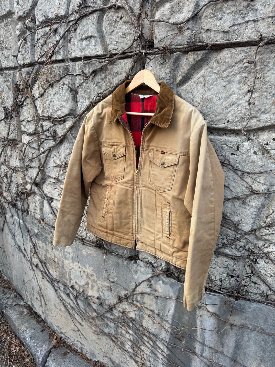70s 키임페리얼 버팔로 체크 페이딩 캔버스원단 트러커 워크 자켓 상품이미지3
