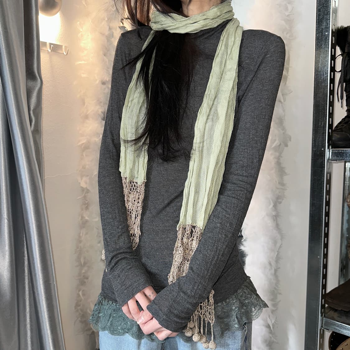 2000s 빈티지 크로셰 니트 그린 롱 스카프 상품이미지6
