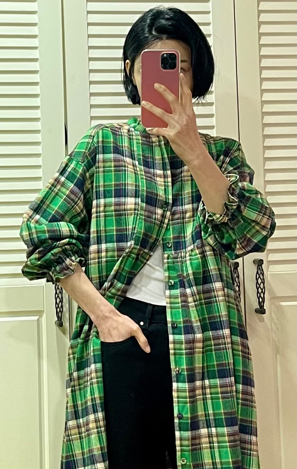 rivet & surge 사이드 슬릿 요크 체크 롱 원피스 (그린) 상품이미지1