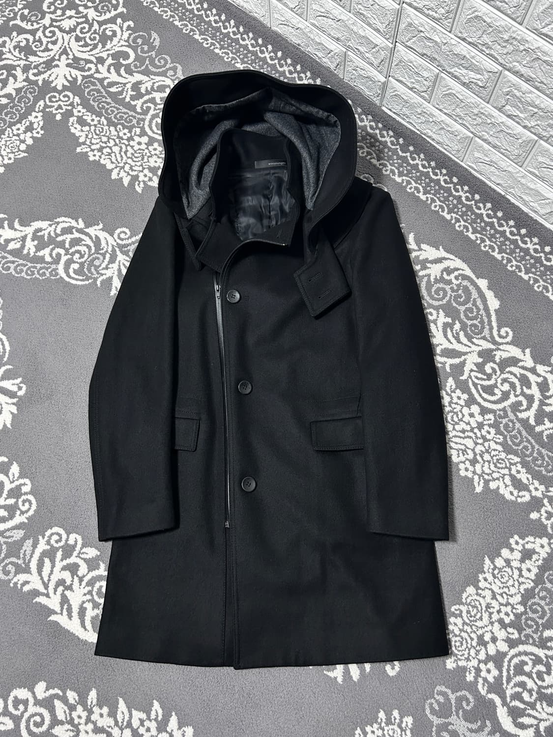 우영미 사선 사무라이 후드 울 코트 상품이미지5