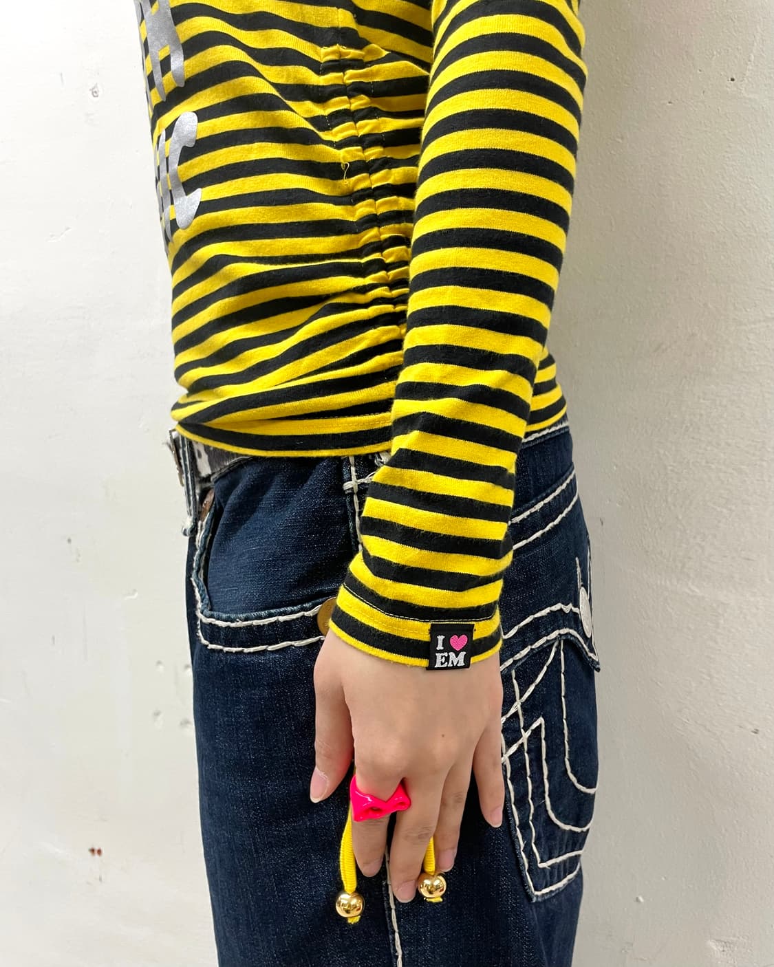 Yellow Stripe Heart Spangle Shirring t 상품이미지6