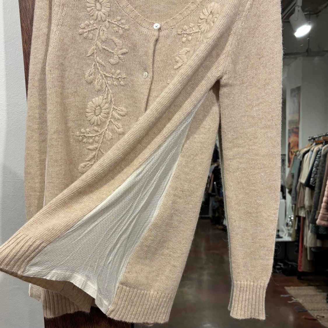 일본 빈티지 오트밀 플라워 자수 배색 울혼방 모리 가디건 상품이미지10