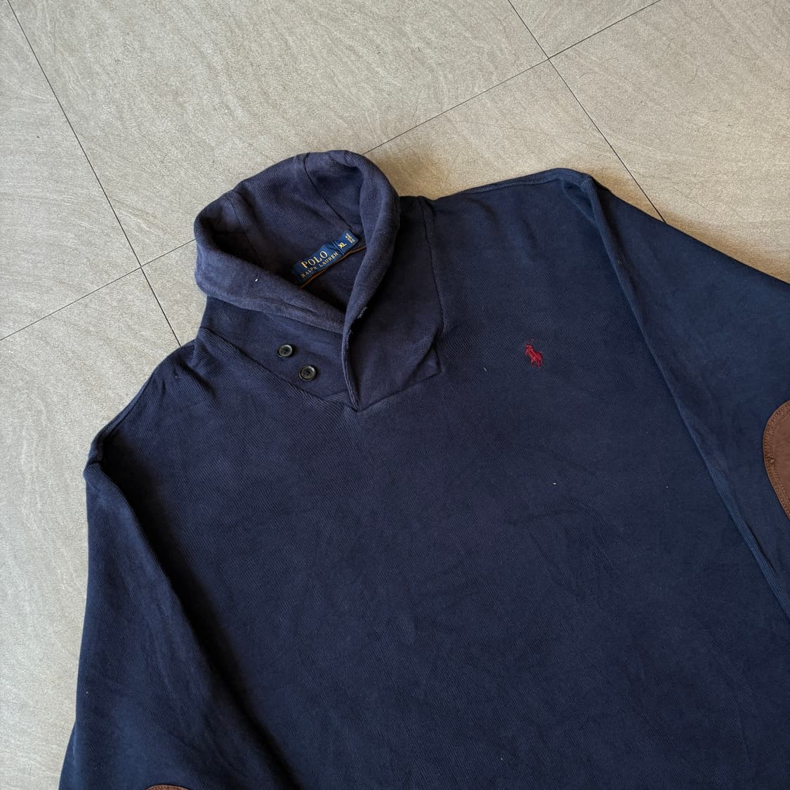 폴로 네이비 코튼 숄카라 엘보우 패치 니트 상품이미지2