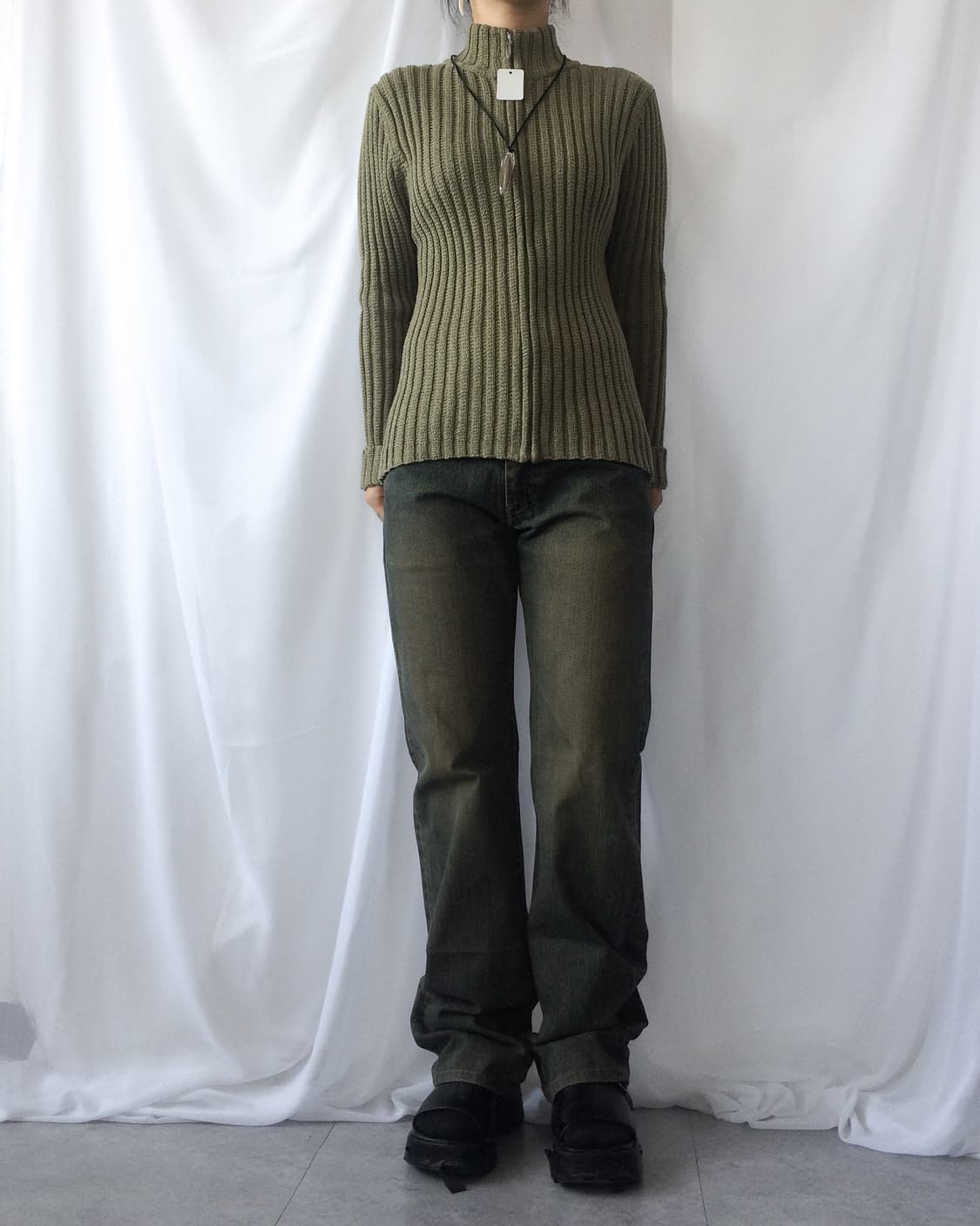 High neck ribbed knit zip up 상품이미지6