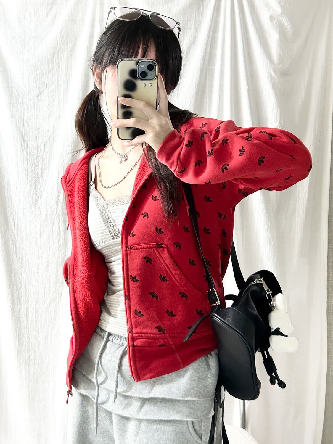 아디다스 패턴로고 레드 후드집업 상품이미지2