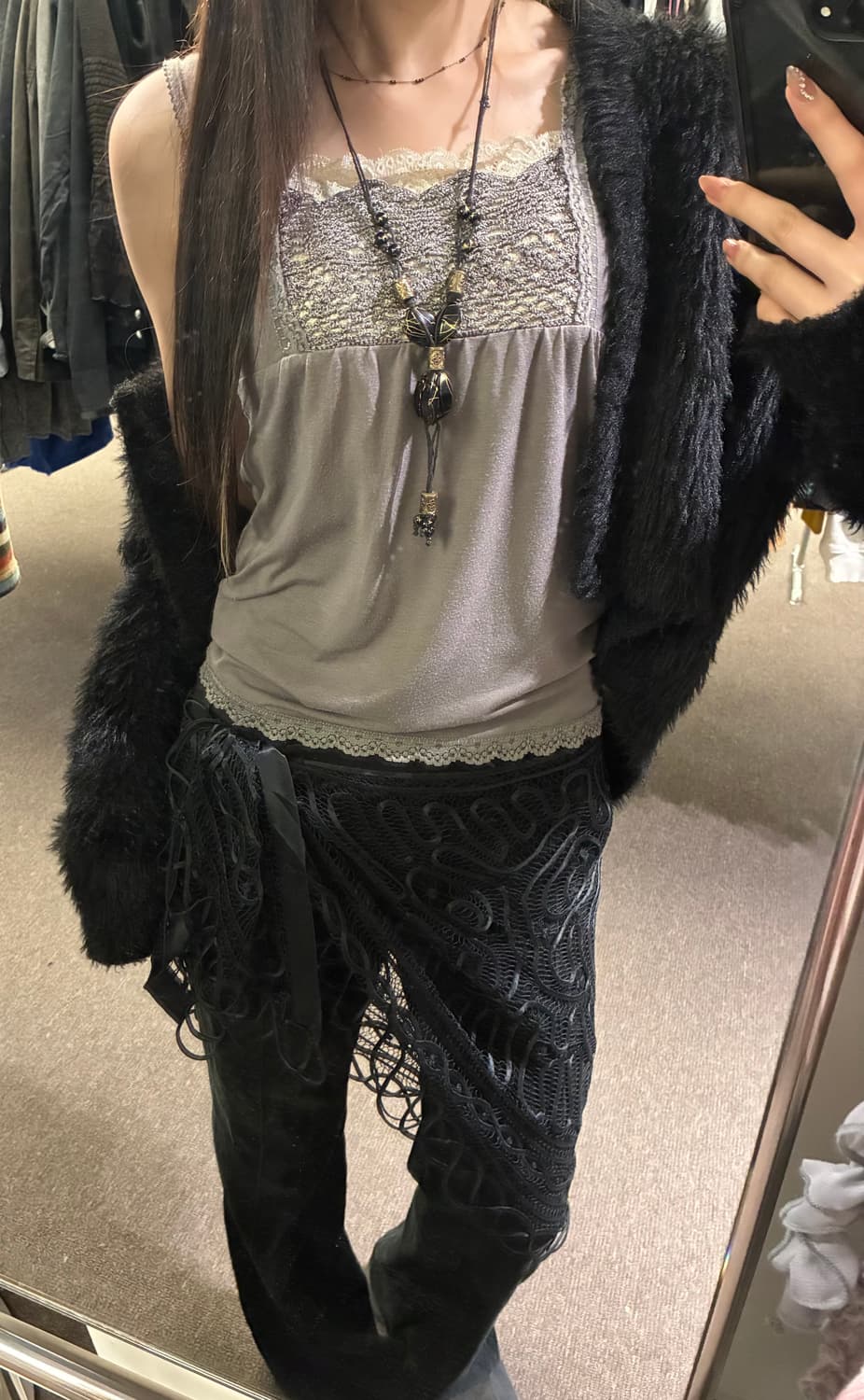 Japanese vintage 여성 그물 블랙 머플러 상품이미지5