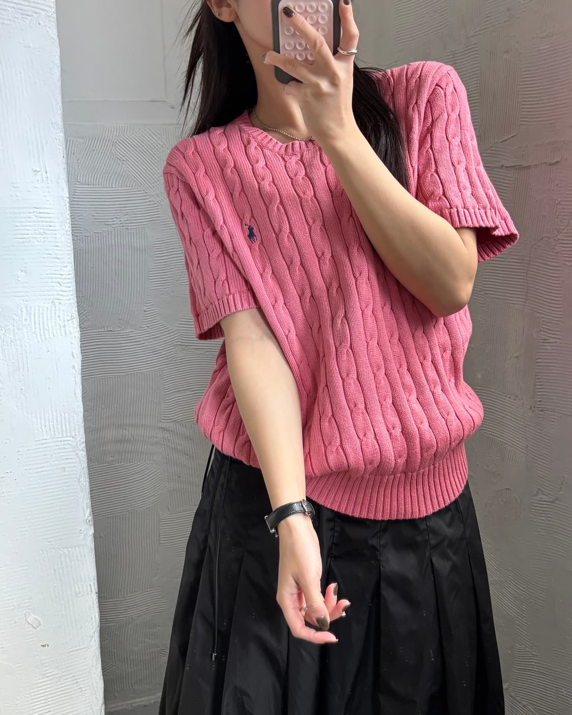 Polo 폴로 랄프로렌 QR라벨 핑크컬러 케이블 반팔 니트 상품이미지1