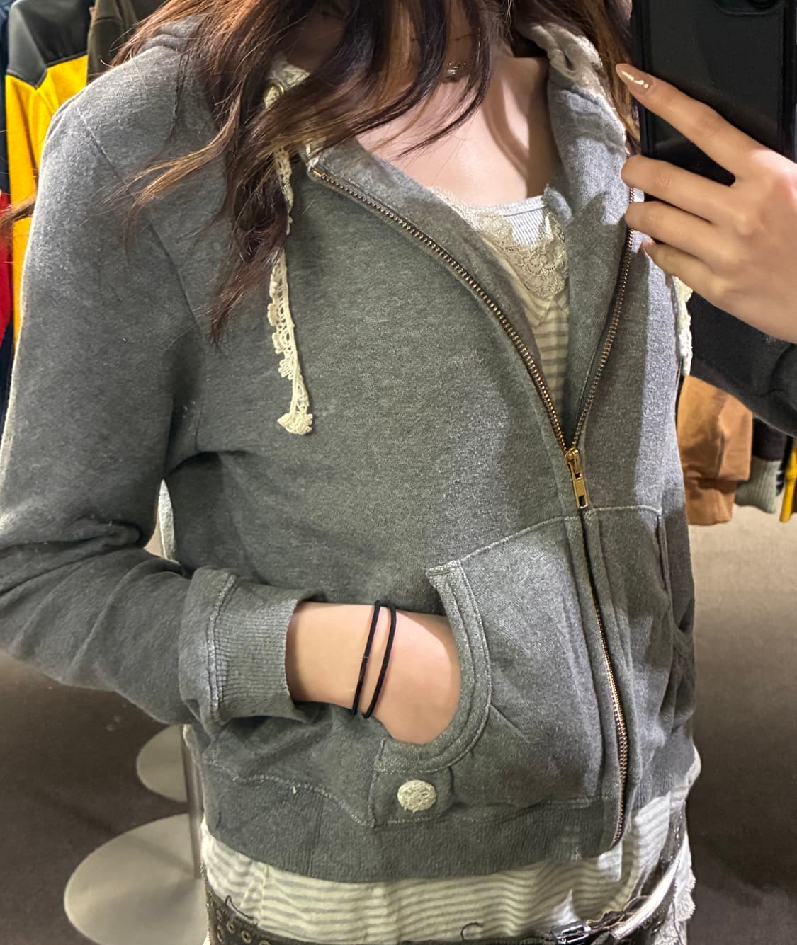 M)earth music 빈티지 여성 레이스 디테일 후드 집업 상품이미지1